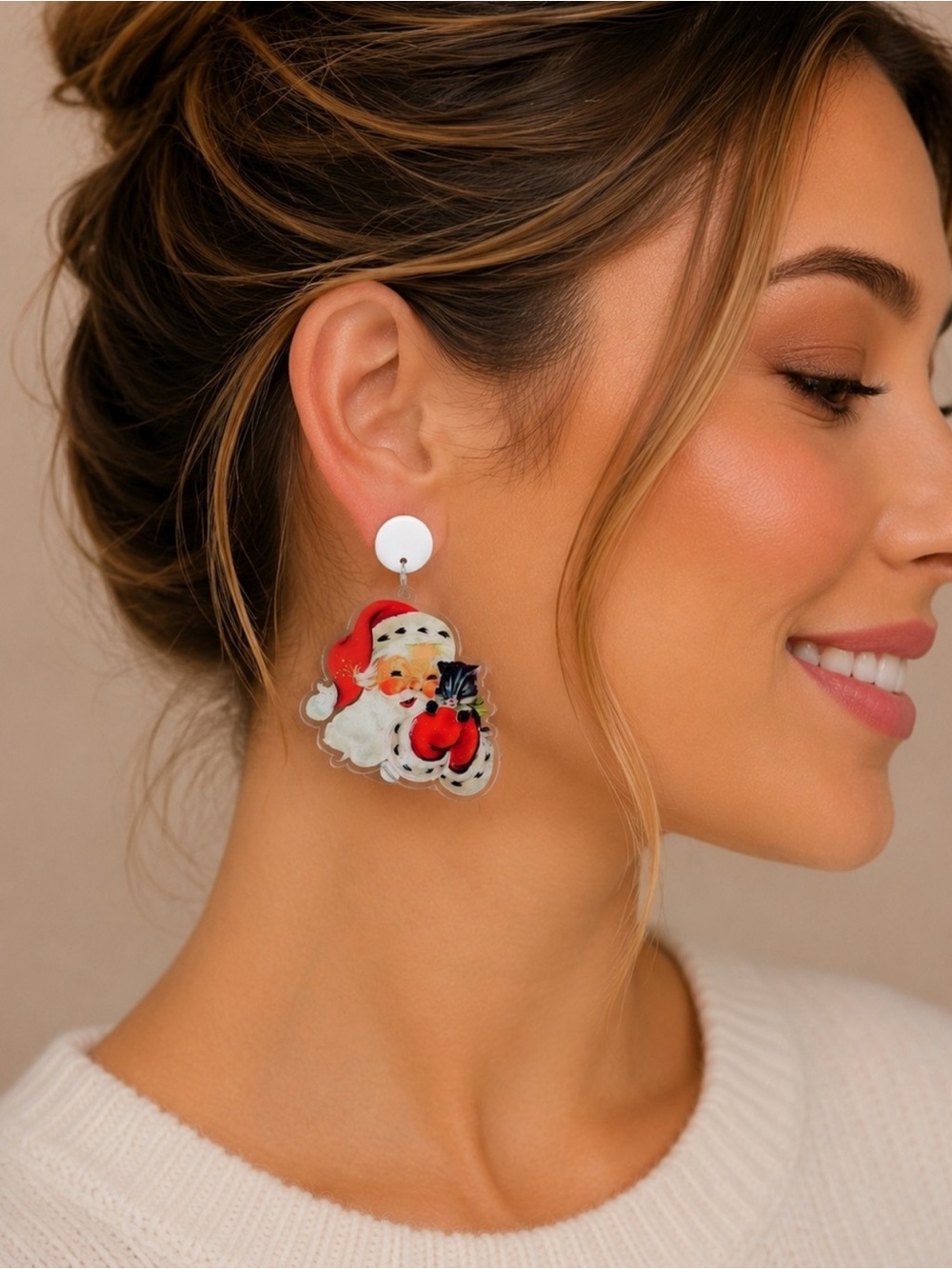 Plunder Santa Face Acrylic Drop Earrings in Red and White - NIP